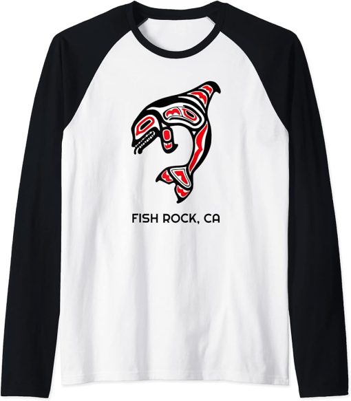 Fish Rock, California Native American Orca Killer Whale Gift Raglan Baseball Tee