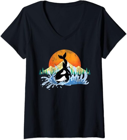 Womens Killer Whale Aquarist Gift Ocean Animal Sun Mountains Orca V-Neck T-Shirt