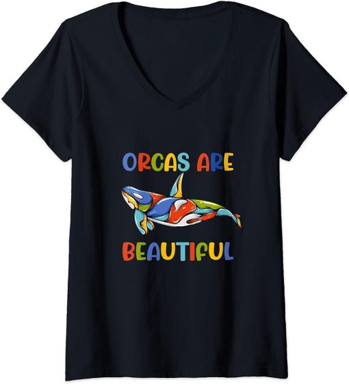 Womens Colorful Orca Orca Baby V-Neck T-Shirt