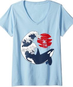 Womens The wave in the ocean with Orca V-Neck T-Shirt