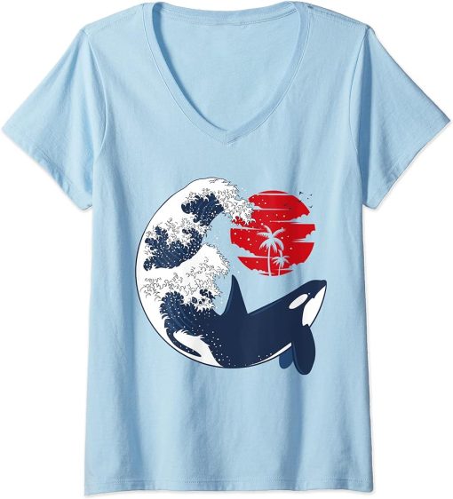 Womens The wave in the ocean with Orca V-Neck T-Shirt