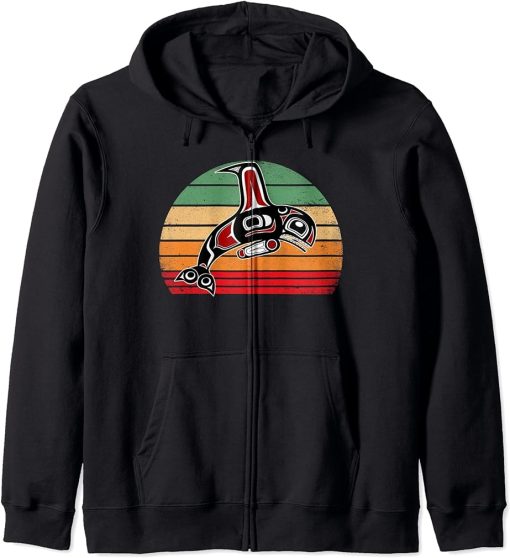 Vintage Killer Whale Orca Pacific NW Native American Indian Zip Hoodie