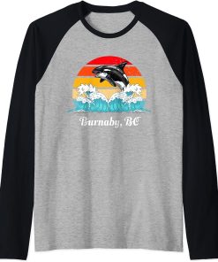 Vintage Burnaby BC Distressed Orca Killer Whale Art Raglan Baseball Tee