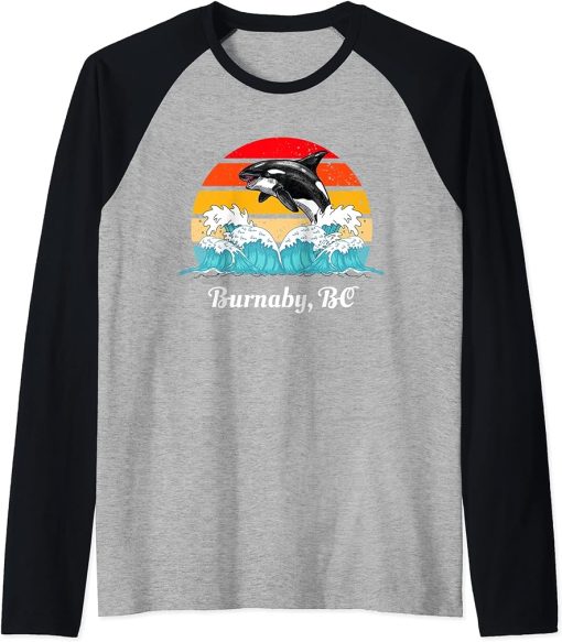 Vintage Burnaby BC Distressed Orca Killer Whale Art Raglan Baseball Tee