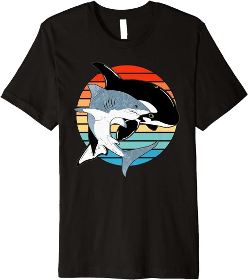 White Shark and Orca Vintage Sunset Shark Day Premium T-Shirt